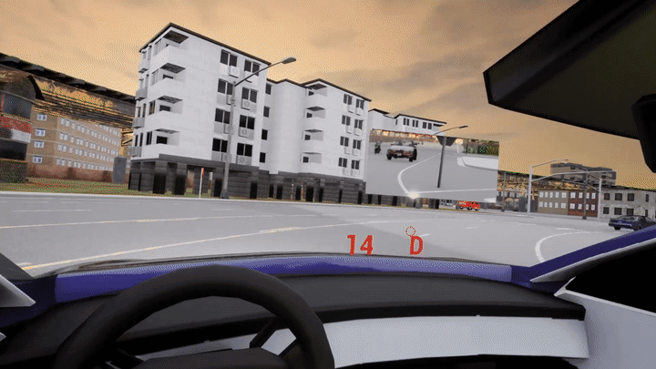 A video showing a driver's POV in a simulator with their gaze overlaid.